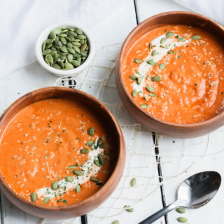 Spiced Pumpkin Soup; Warm roasted pumpkin pureed soup with a kick of spicy undertones. Fall/autumn comfort food! {Healthy Vegan, Gluten Free, Refined Sugar Free, Dairy Free} 