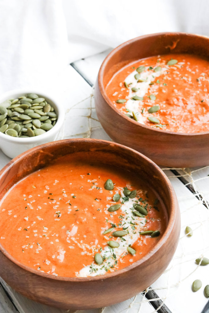 Spiced Pumpkin Soup; Warm roasted pumpkin pureed soup with a kick of spicy undertones. Fall/autumn comfort food! {Healthy Vegan, Gluten Free, Refined Sugar Free, Dairy Free} 