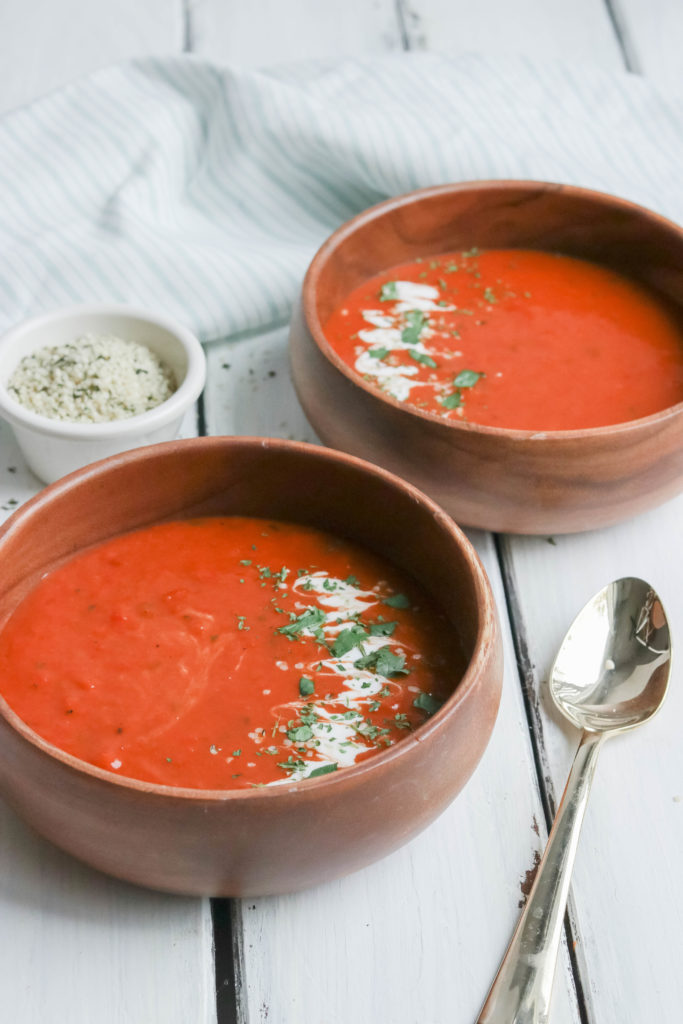 Fire Roasted Sweet Potato and Tomato Soup is comforting, filling, and a super healthy dish