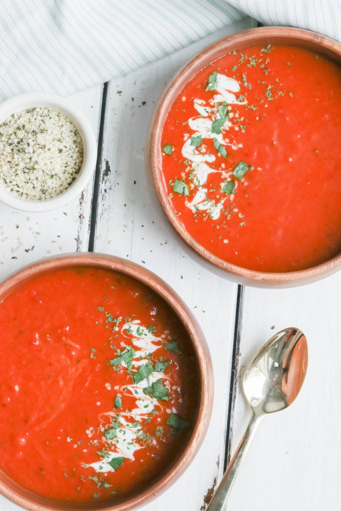 THis vegan sweet potato and tomato soup is deliciously hearty, creamy, and healthy