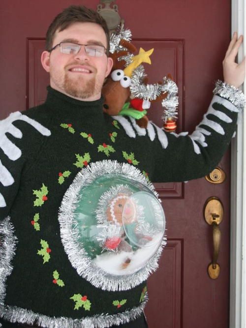 This ugly Christmas sweater has a snowglobe scene with a festive gingerbread man and plenty of sparkle