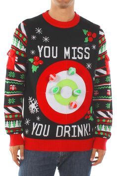 This ugly Christmas sweater is the perfect party game! Take aim, toss a ball, and if you miss the target, you drink!