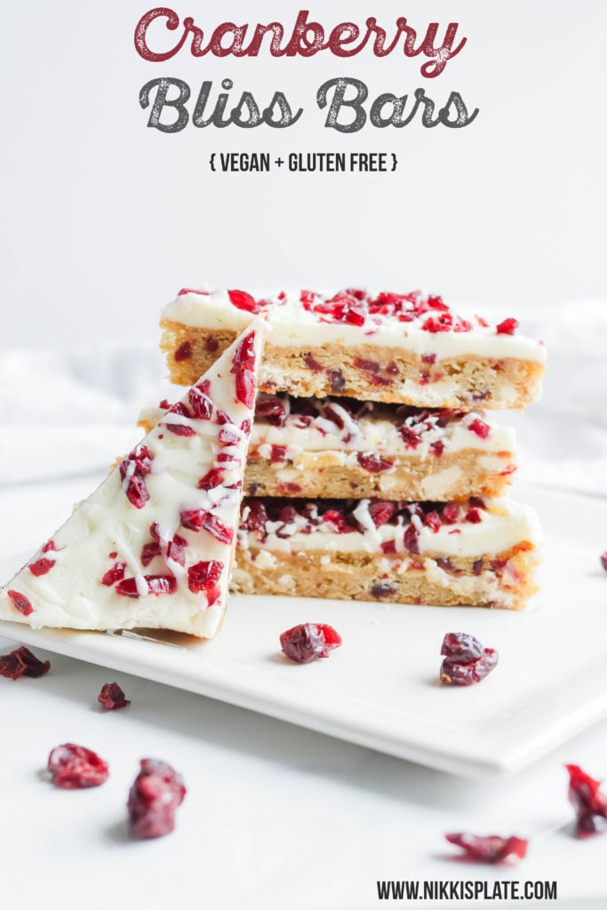 Cranberry Bliss Bars; a gluten free blondie cake base with dairy free coconut and white chocolate frosting, loaded with delicious cranberries. Starbucks Bliss Bars copycat, but a healthier version!