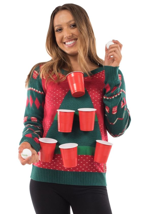 Glue some plastic cups to this ugly Christmas sweater and make a fun party game!