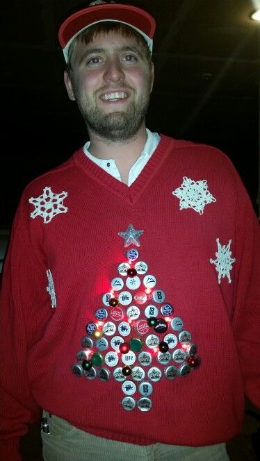 Make use of all those beer caps laying around and DIY this creative beer cap Christmas tree sweater