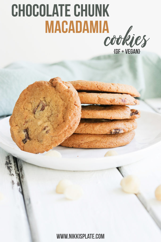 Chocolate Chunk Macadamia Cookies {GF + Vegan}; soft gluten free and vegan cookies. Made with oat flour, coconut oil, chunks of dark chocolate and macadamia nuts. Perfect treat, snack and dessert all in one! #vegan #cookies #glutenfree