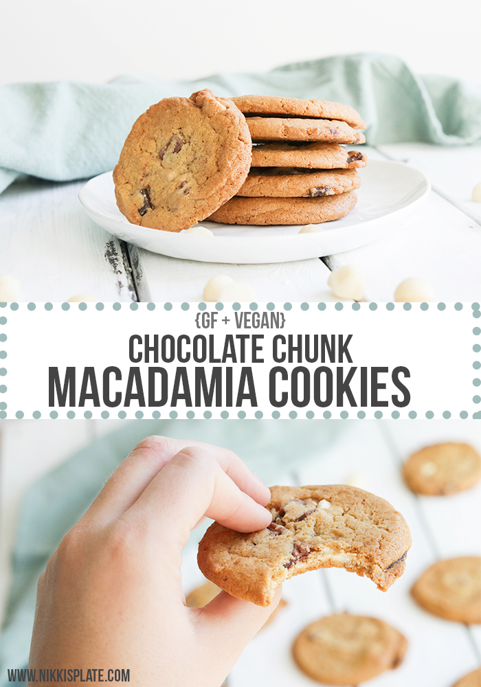 Chocolate Chunk Macadamia Cookies {GF + Vegan}; soft gluten free and vegan cookies. Made with oat flour, coconut oil, chunks of dark chocolate and macadamia nuts. Perfect treat, snack and dessert all in one! #vegan #cookies #glutenfree