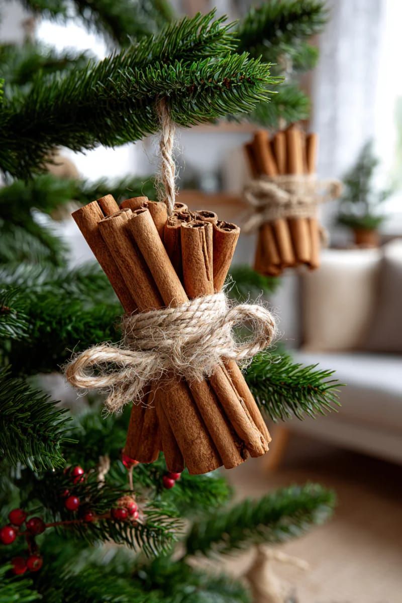 Cinnamon stick bundles tied with twine and hung on a Christmas tree for a natural, fragrant holiday decoration.