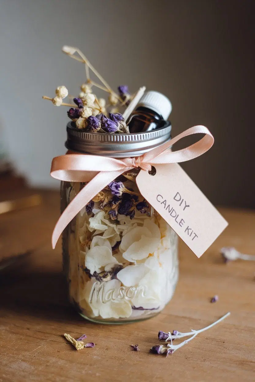 DIY candle kit Mason jar gift filled with dried flowers, essential oil, and candle-making supplies, tied with a soft pink ribbon.