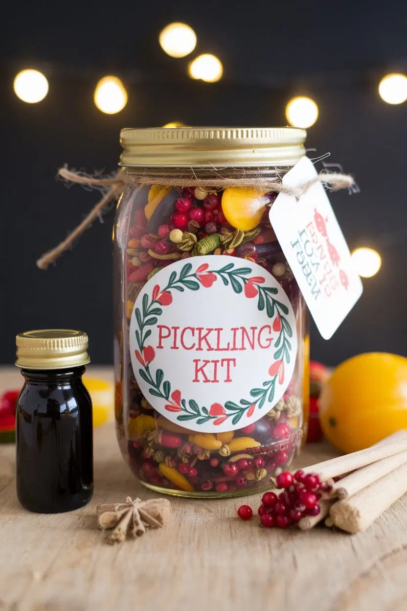 DIY pickling kit Mason jar gift filled with spices and herbs, decorated with twine and a label, a homemade holiday gift idea for food lovers.