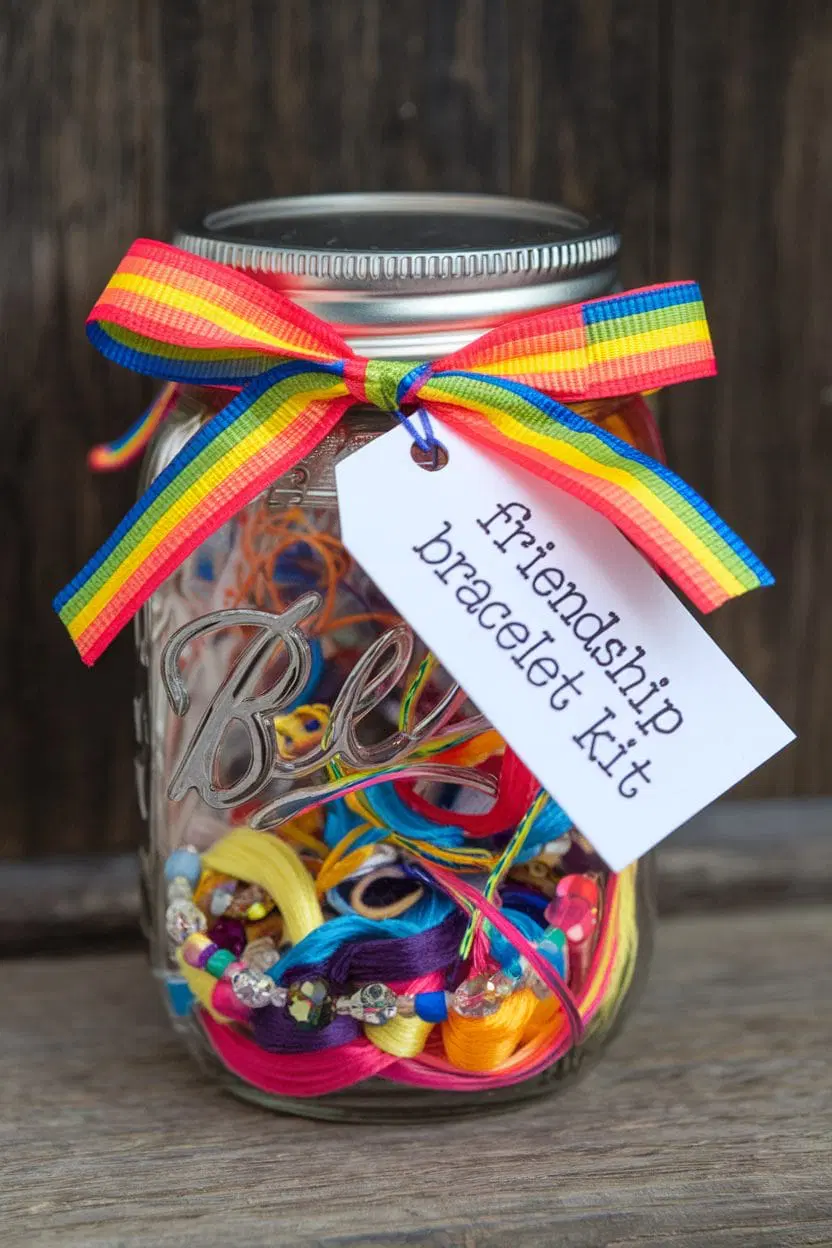 DIY friendship bracelet kit Mason jar gift filled with colorful embroidery thread, beads, and a rainbow ribbon bow.