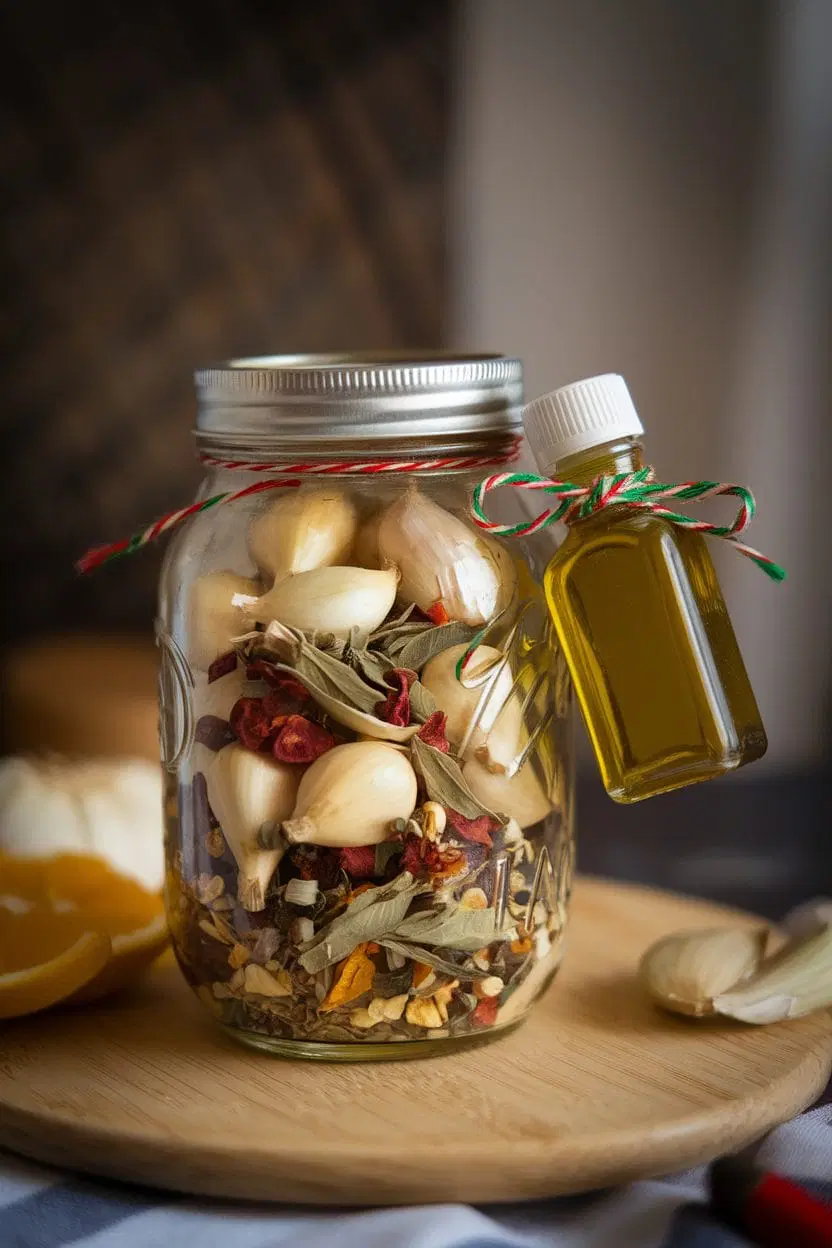 DIY infused olive oil Mason jar gift filled with garlic, herbs, and spices, a thoughtful homemade gift for cooking lovers.