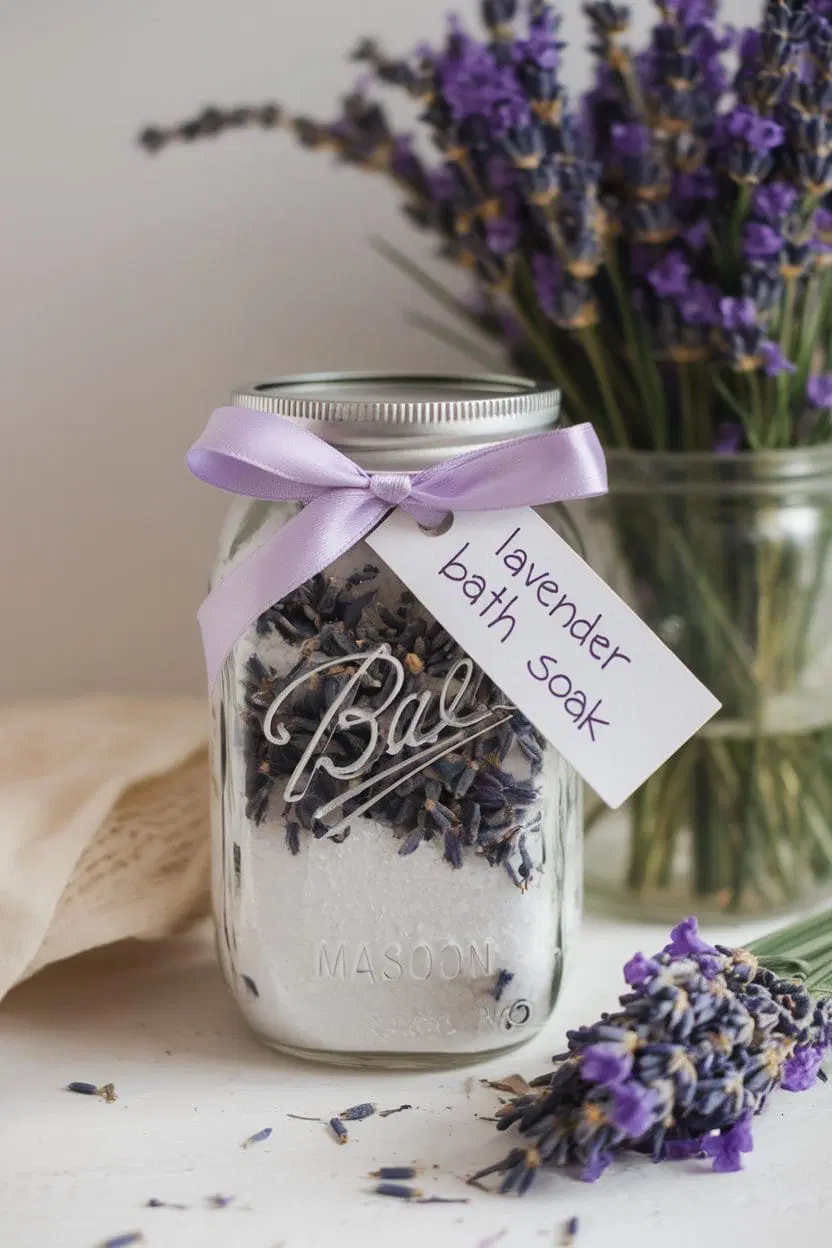 DIY lavender bath soak Mason jar gift filled with Epsom salts and dried lavender, tied with a purple ribbon for a relaxing handmade present.