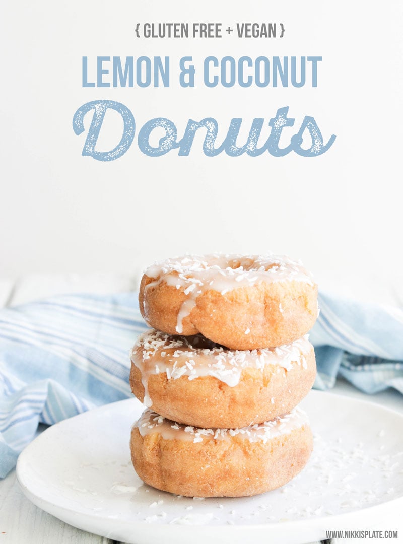 Lemon Coconut Donuts || GF and Vegan lemon coconut donuts. Soft and naturally sweetened. A healthier option to your usual morning donuts! Treat yourself to a soft, oat flour donut bursting with lemon and coconut flavours. Refined sugar free! #glutenfreedonuts #vegandonuts #donuts|| Nikki's Plate 
