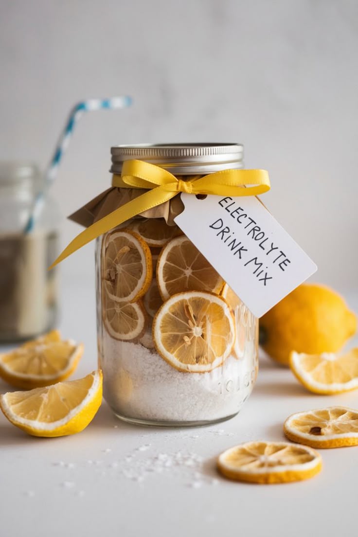DIY lemon electrolyte drink mix in a Mason jar with dried lemon slices and yellow ribbon, a healthy homemade gift idea for wellness lovers.
