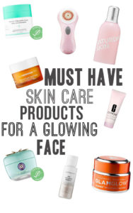 MUST HAVE SKIN CARE PRODUCTS FOR A GLOWING FACE;Top skin care products - the best cleanser, mask, toner, serum, eye cream, brush, moisturizer to brighten your skin and cause a radiant face #skincareproducts #skincare #moisturizer #facemask