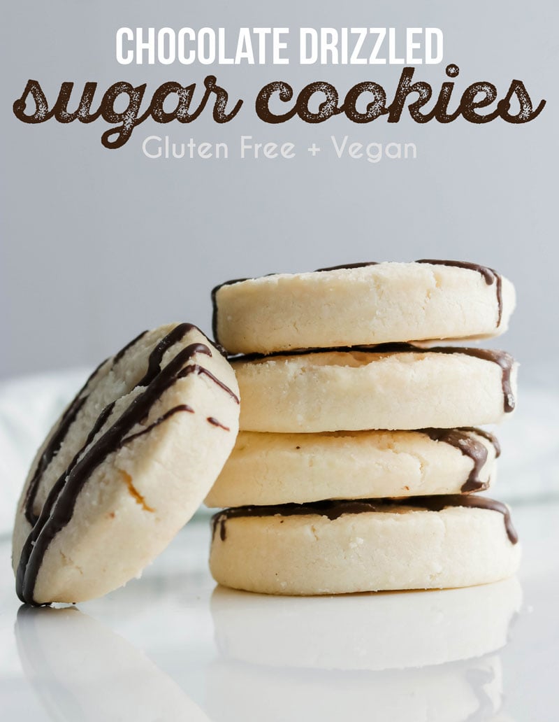 Sugar Free Cookies {Vegan + Gluten Free} || Soft and delicious gluten free and vegan sugar cookies with a dark chocolate drizzle. Taking this holiday cookie to a new healthier level. Quick and easy to make. Please the entire family! #sugarcookies #holidaycookies #christmasbaking #glutenfree #vegan || Nikki's Plate 