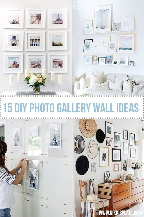 DIY photo gallery wall idea to help you design the best piece of art in your home! Black and white photos, large, gold frames, mixed frames, full wall - #goldframes #largegallerywall #blackandwhitephotos || Nikki's Plate