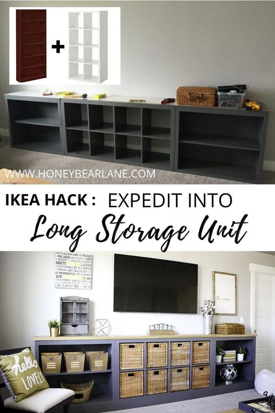 This IKEA hack takes two IKEA bookshelves and transforms them into one long storage unit that's perfect for a living room media console or toy room.