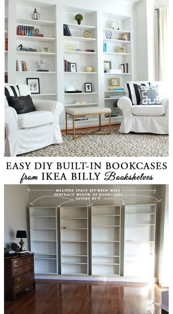 In this IKEA hack, three IKEA bookshelves are transformed into stunning built-in bookshelves