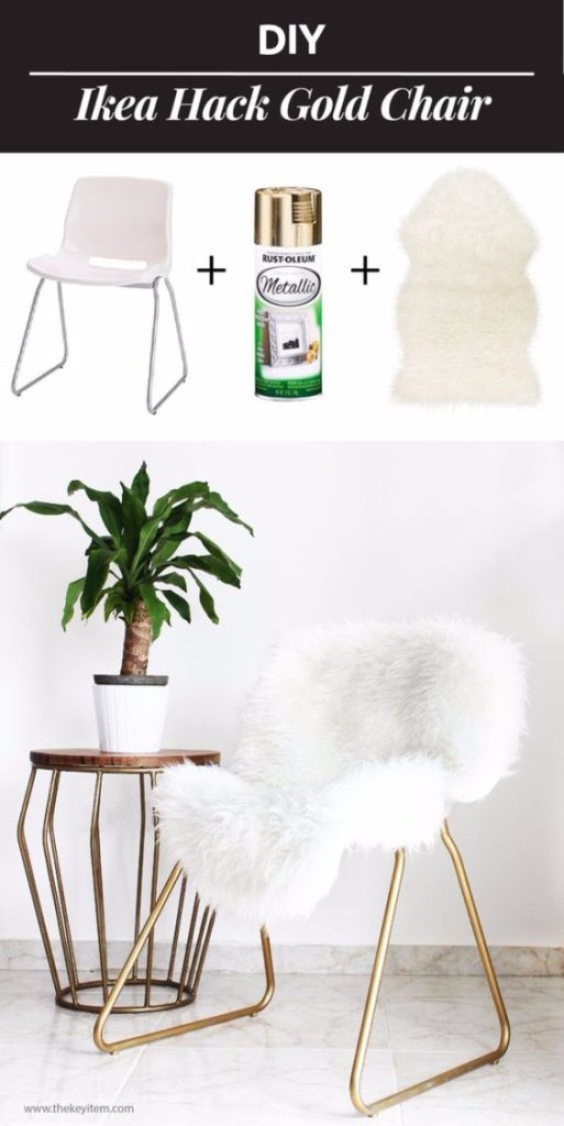 In this IKEA hack, a plain plastic chair is transformed into a fabulous fur chair with metallic gold legs