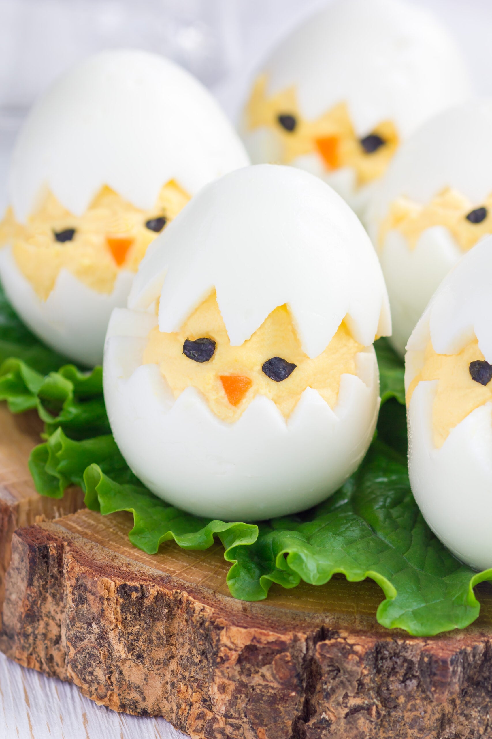 Easter deviled eggs decorated like little chick faces on a bed of lettuce