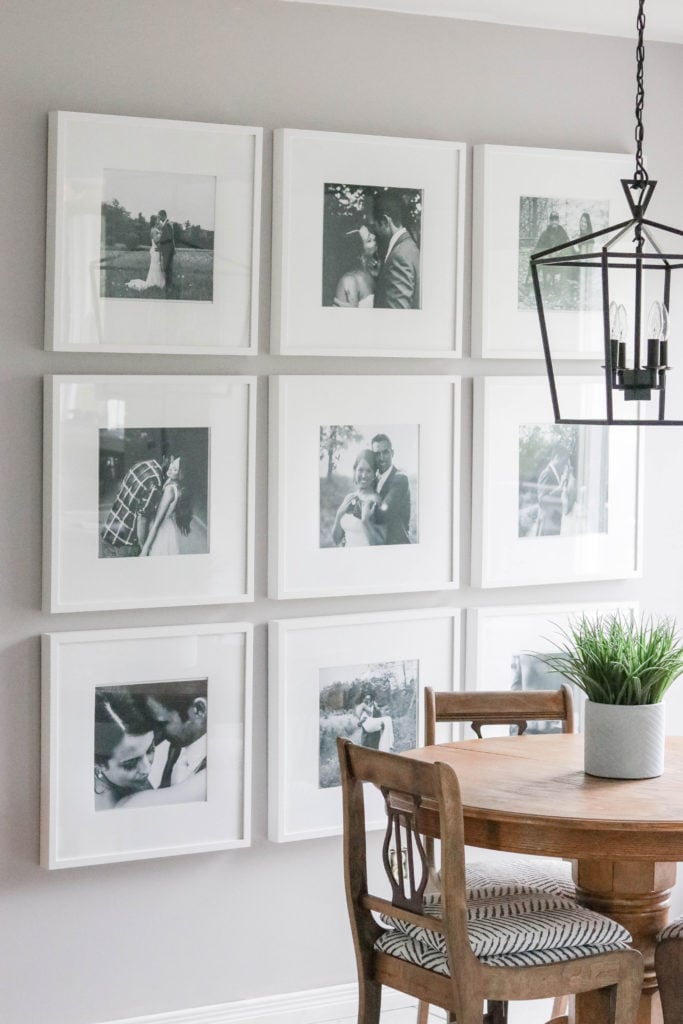 Our finished gallery wall is my favorite wall in our home! It's filled with lovely black and white pictures from our years together