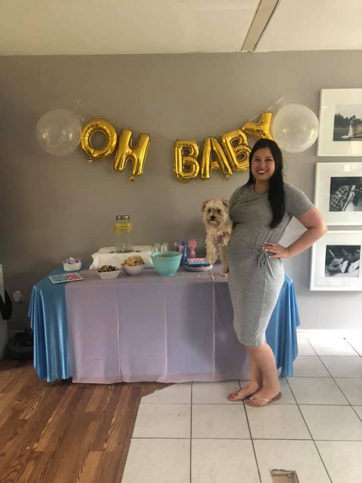 Gender Reveal Party - gold oh baby banner, blue and pink decorations