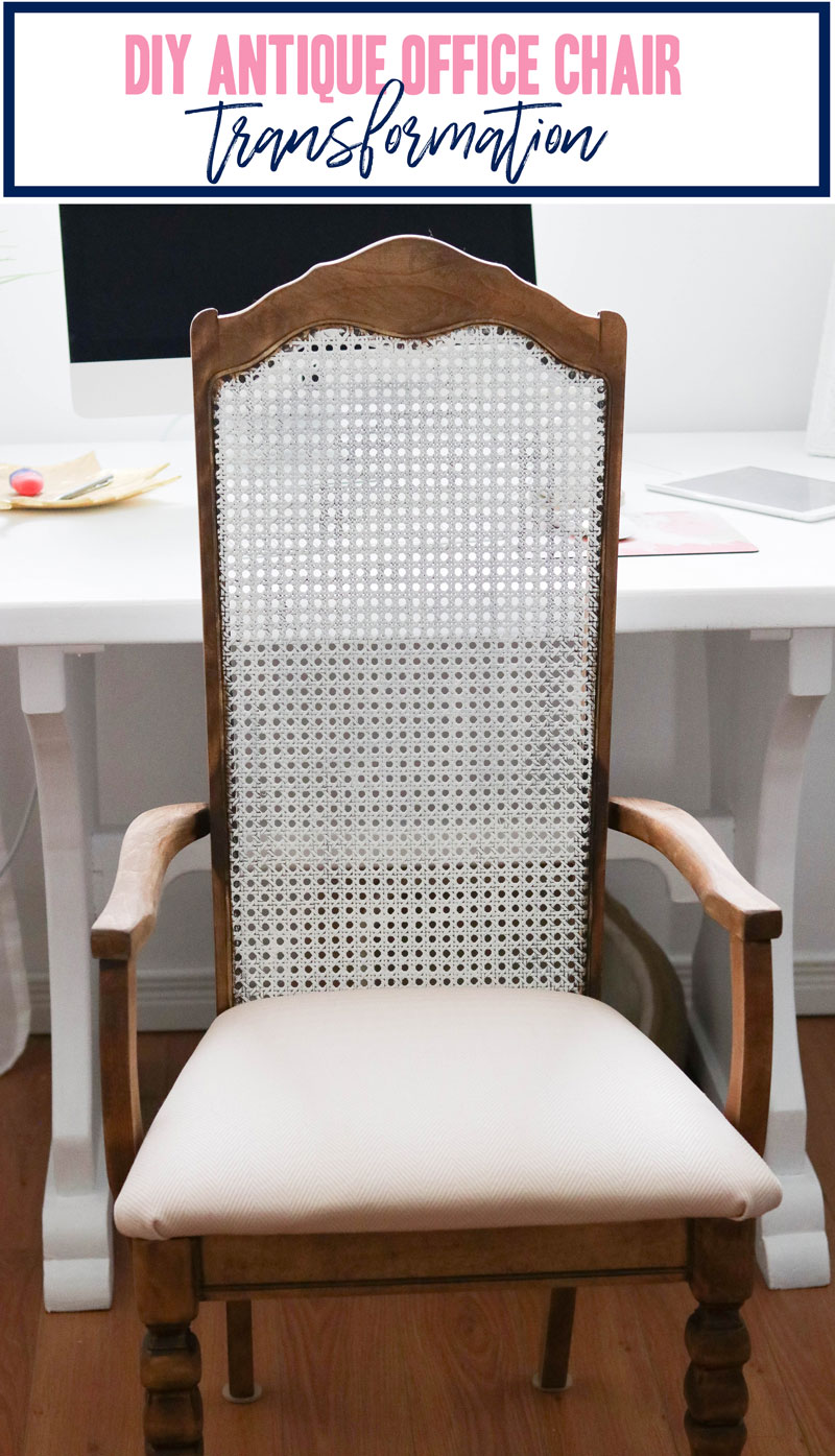 Easy DIY antique office chair makeover. Antique find turned into a pink rustic chic piece of furniture for your workspace. So simple and cheap! Under $20 for the entire finished piece.