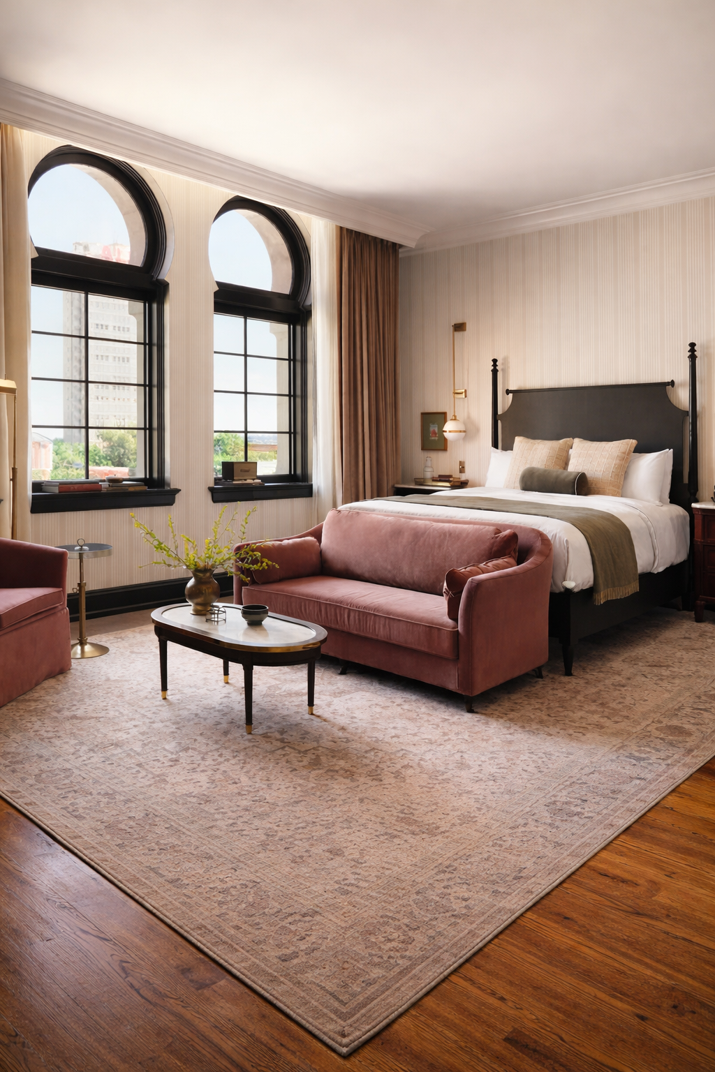 Joanna Gaines inspired bedroom with tall arched windows, black bed frame, neutral bedding, and a cozy seating area with a mauve sofa.