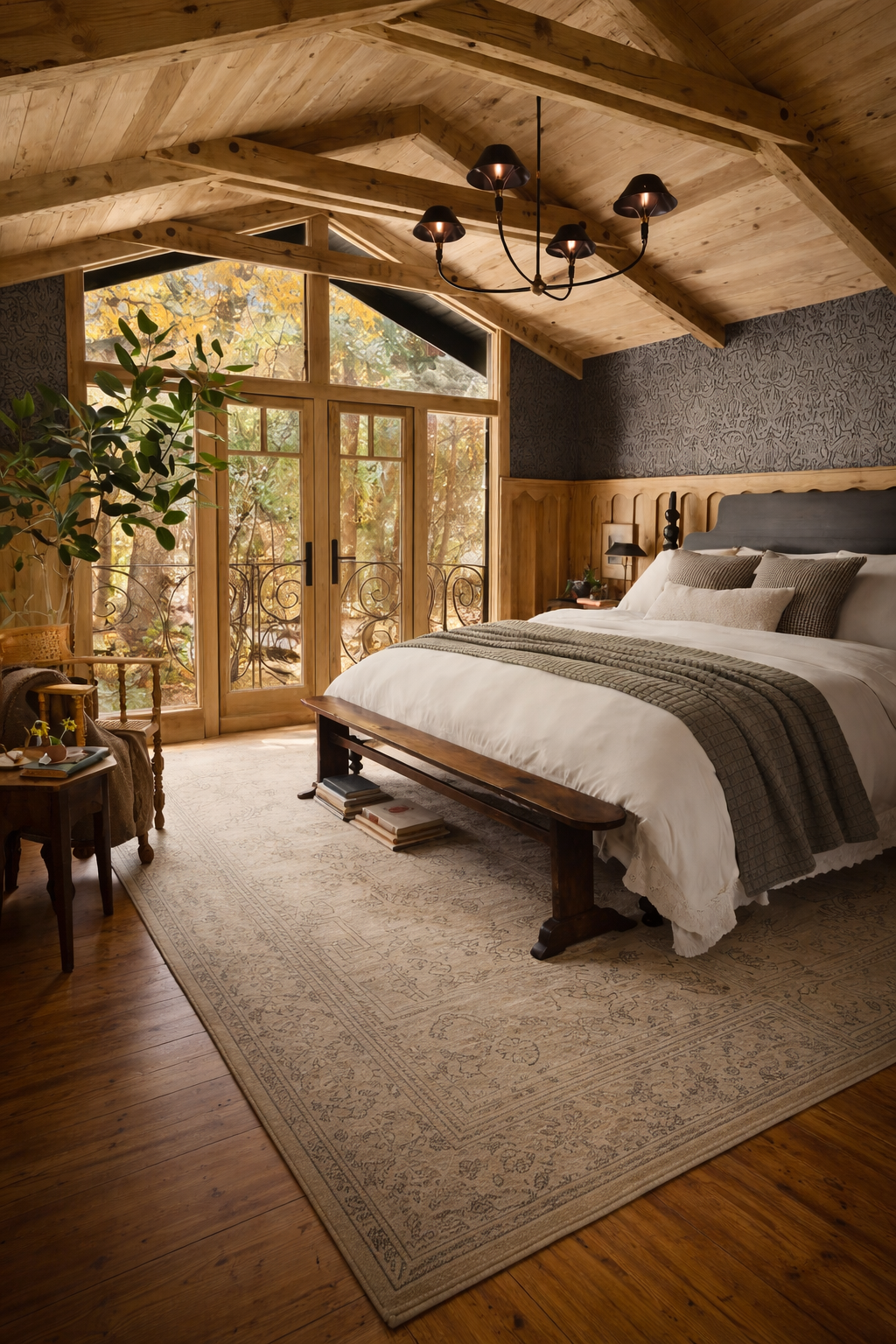 Joanna Gaines inspired farmhouse bedroom with exposed wood beam ceiling, large windows, neutral bedding, and rustic wood furniture.