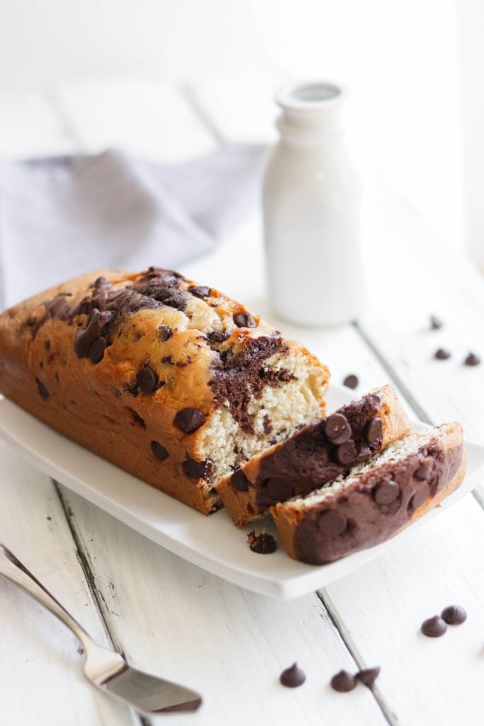 This vegan chocolate swirl banana bread is light and fluffy, with the perfect amount of chocolate chips.