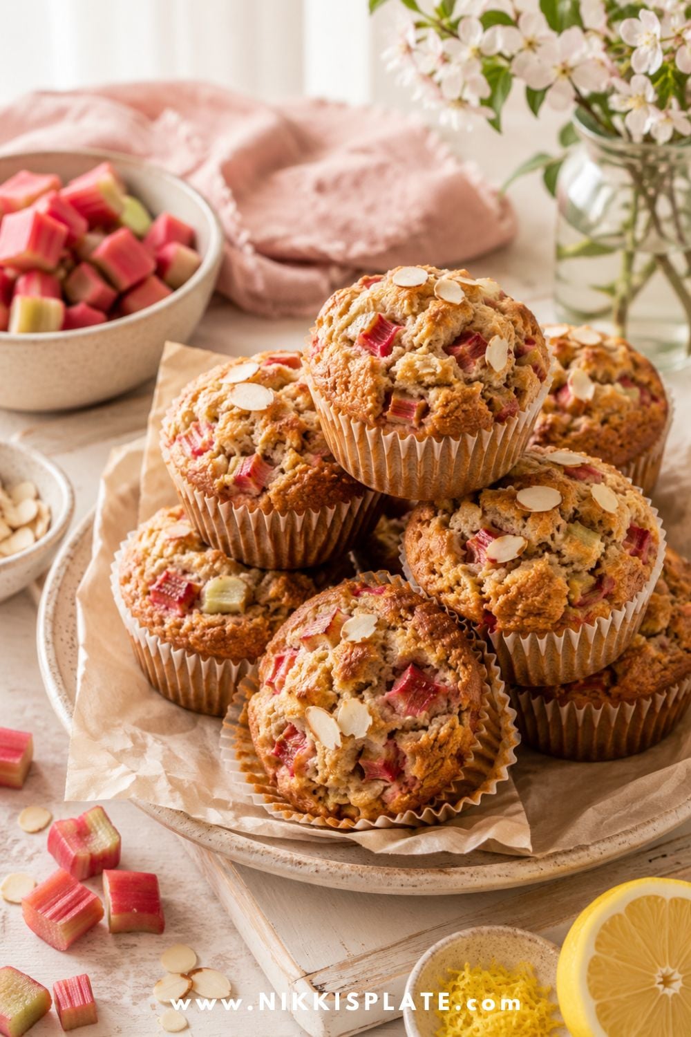 Healthy rhubarb almond muffins with sliced almonds, fresh chopped rhubarb, lemon zest, and soft pink spring styling.
