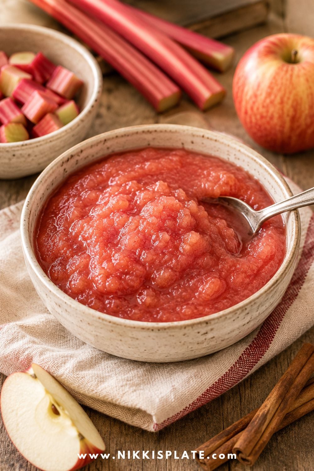 Healthy rhubarb applesauce in a ceramic bowl with fresh rhubarb stalks, chopped rhubarb, apples, cinnamon sticks, and a spoon.