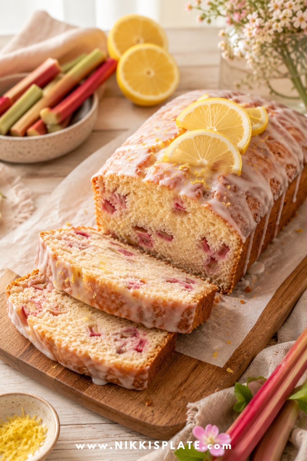 A bright homemade rhubarb lemon loaf with a soft glaze, fresh lemon slices, pink rhubarb pieces, and lemon zest, styled on a wooden board with rhubarb stalks and soft natural light.