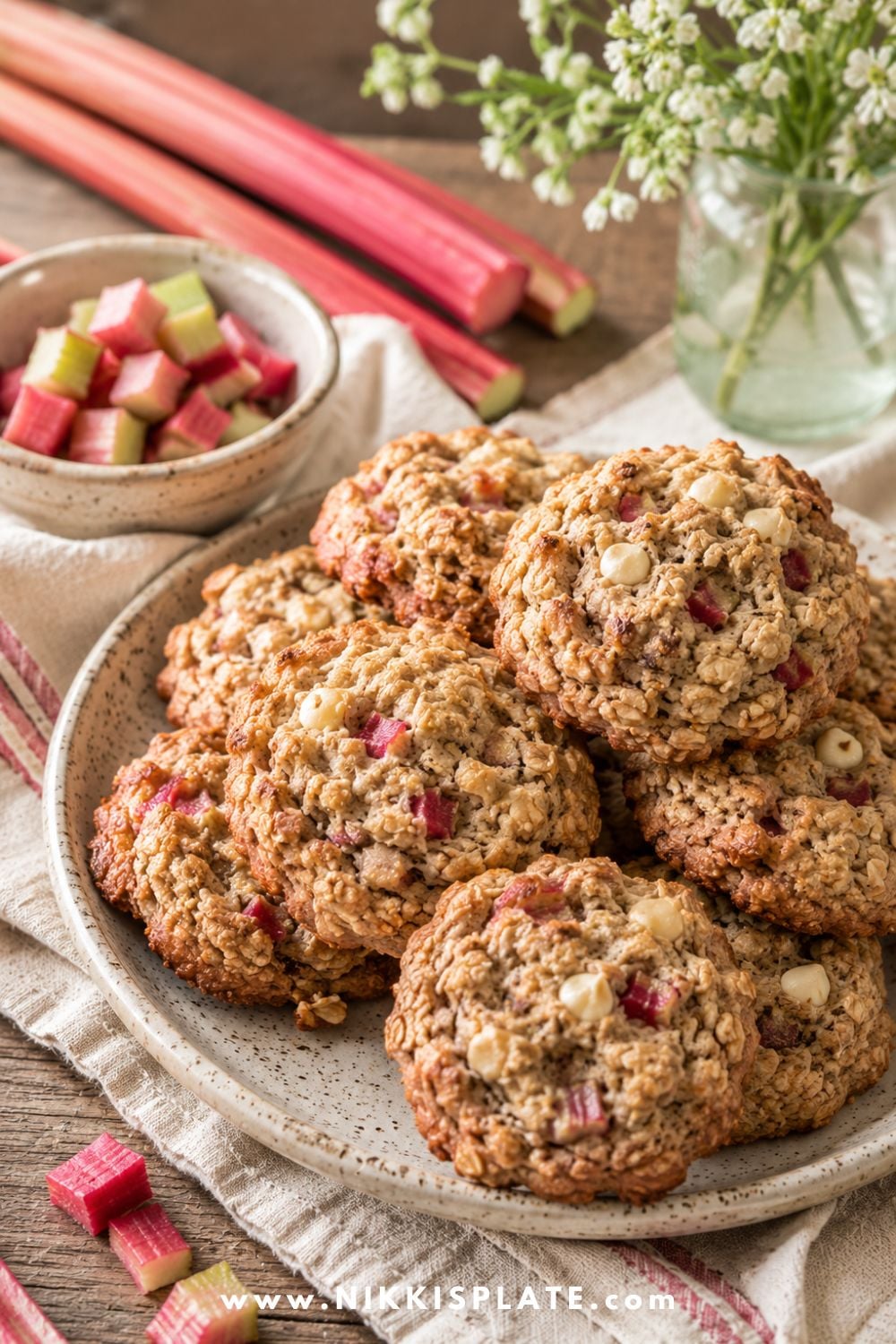 Healthy rhubarb oatmeal cookies with white chocolate chips, chopped rhubarb, fresh rhubarb stalks, and soft spring flowers.