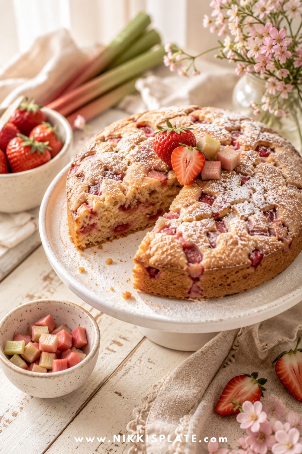 A soft and cozy homemade strawberry rhubarb cake dusted with powdered sugar, styled on a white cake stand with fresh strawberries, chopped rhubarb, linen, and pink spring flowers.