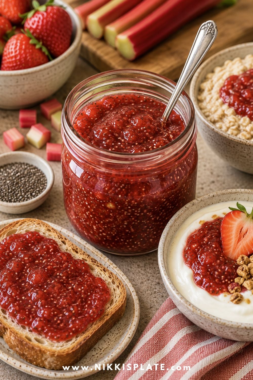 Healthy strawberry rhubarb chia jam in a glass jar with toast, yogurt, fresh strawberries, rhubarb stalks, and chia seeds.