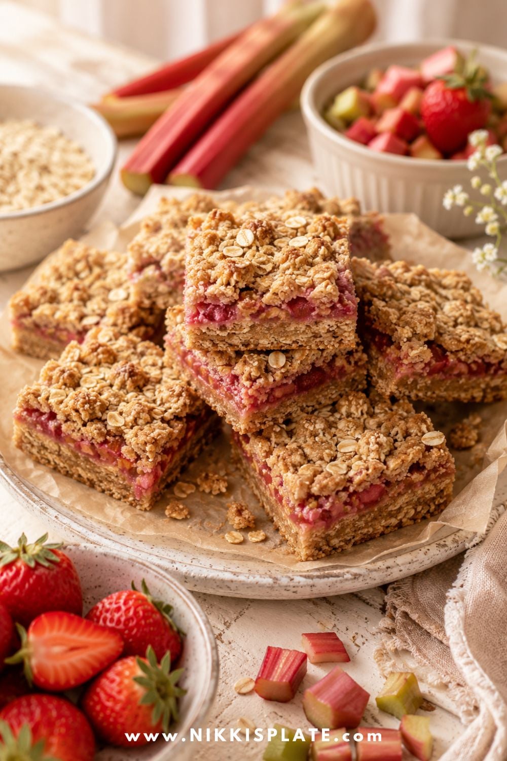 Healthy strawberry rhubarb oatmeal bars with golden oat crumble, fresh strawberries, chopped rhubarb, and rhubarb stalks in soft natural light.