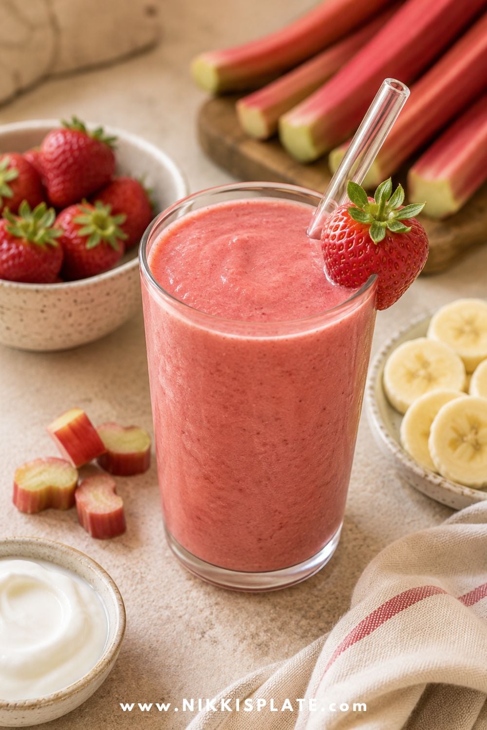 Healthy strawberry rhubarb smoothie in a glass with fresh strawberries, banana slices, rhubarb stalks, yogurt, and chopped rhubarb.