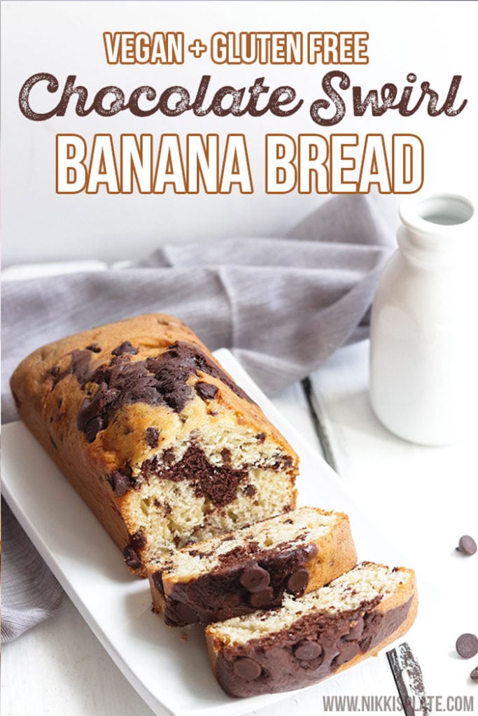 Quick and easy vegan chocolate swirl banana bread. Gluten free and dairy free. Health alternative to a sweet treat! Bake fresh or freeze dough for later use. Enjoy every moist soft chocolatey bite! #chocolatebananabread #vegan #glutenfree #bread - Nikki's Plate