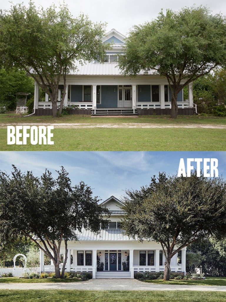 11 Best House Exterior Renovations By Joanna Gaines; Here are the best before and after reveals on the show Fixer Upper. House Front, Curb Appeal and Home Front. || Southern House, White and Blue, Front Porch