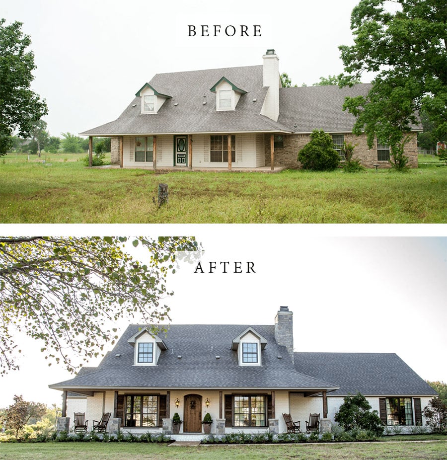 Best House Exterior Renovations By Joanna Gaines; Here are the best before and after reveals on the show Fixer Upper. House Front, Curb Appeal and Home Front. || Southern House, two story, brick painted