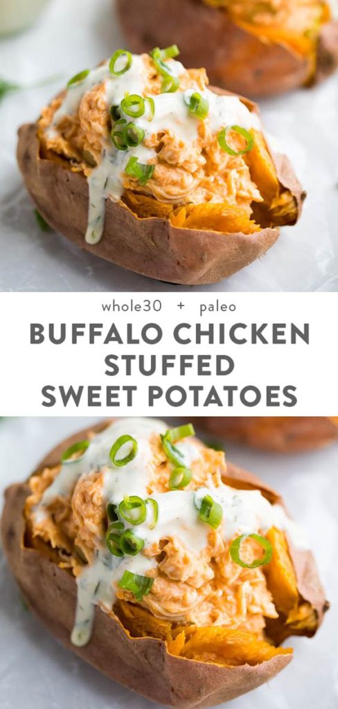 Healthy Make Ahead Freezer Meals for new moms and winter season prep! Crockpot, slow cooker and oven dinner ideas to freeze and pull out when ready to cook! Buffalo Chicken Stuffed Sweet Potatoes - #stuffedsweetpotatoes #chicken #freezermeals