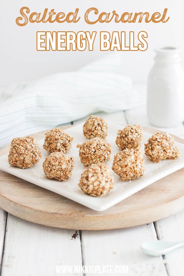 Quick and easy no bake Salted Caramel Energy Balls! Vegan, Gluten Free and refined sugar free. Healthy alternative to a sweet treat! Main ingredients include oats, almond butter and Maca powder! #energyballs #caramel || Nikki's Plate