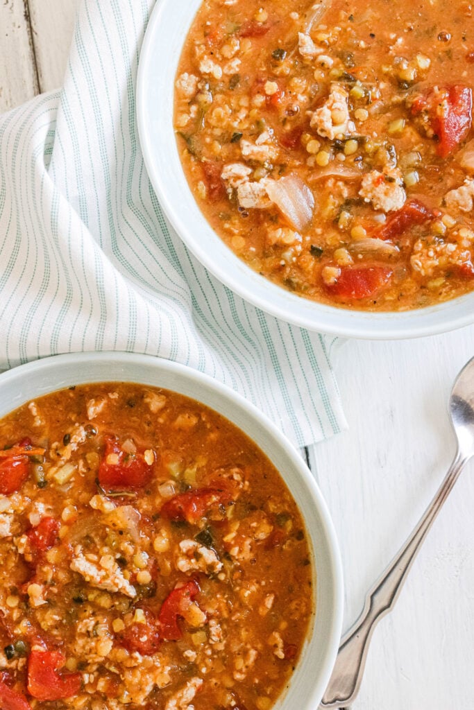 Two bowls of curry lentil and turkey stew cooked in a slow cooker. Hearty and warm, protein packed, warm curried tomato based stew. Gluten Free and Dairy Free. || Nikki's Plate