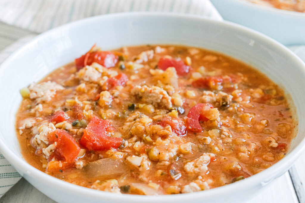 Blue bowl of curry lentil and turkey stew cooked in a slow cooker. Hearty and warm, protein packed, warm curried tomato based stew. Gluten Free and Dairy Free. || Nikki's Plate