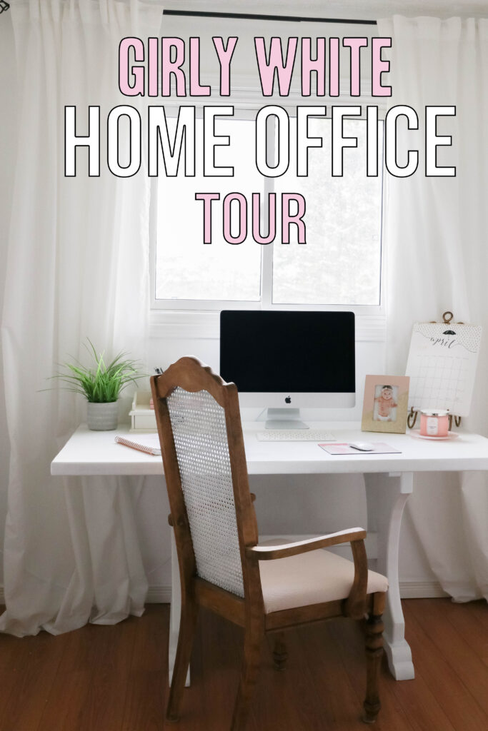 Girly White office with vintage wood chair, iMac computer, greenery, tall calendar, white vintage chair, daughter framed picture, white linen drapes || Nikki's Plate