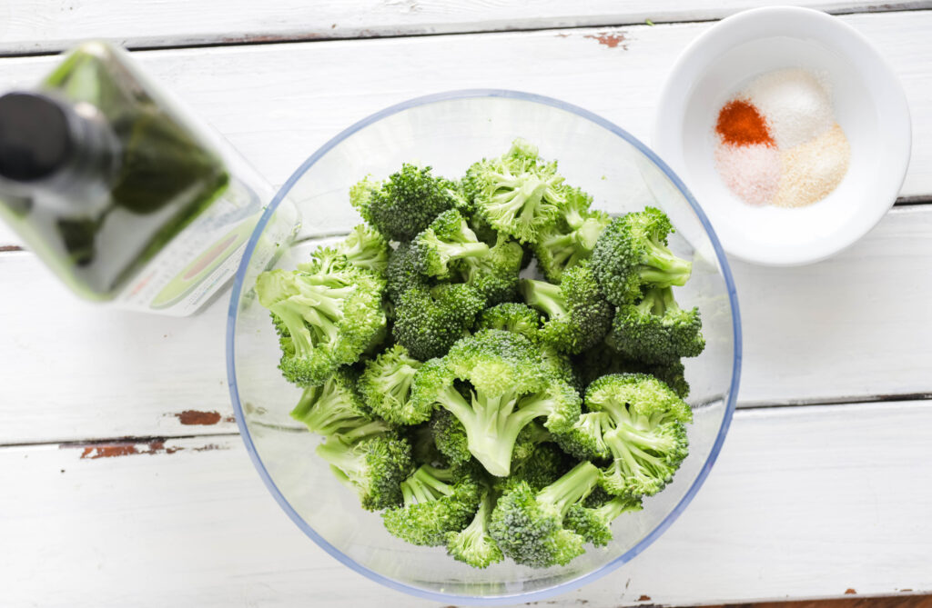 Ingredients for Crispy Broccoli with Vegan Cheese Sauce; dairy and gluten free side dish for your vegan dinner! A nut free cheese sauce that you will love smothered on your blackened broccoli!