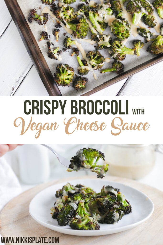 Crispy Broccoli with Vegan Cheese Sauce; dairy and gluten free side dish for your vegan dinner! A nut free cheese sauce that you will love smothered on your blackened broccoli!